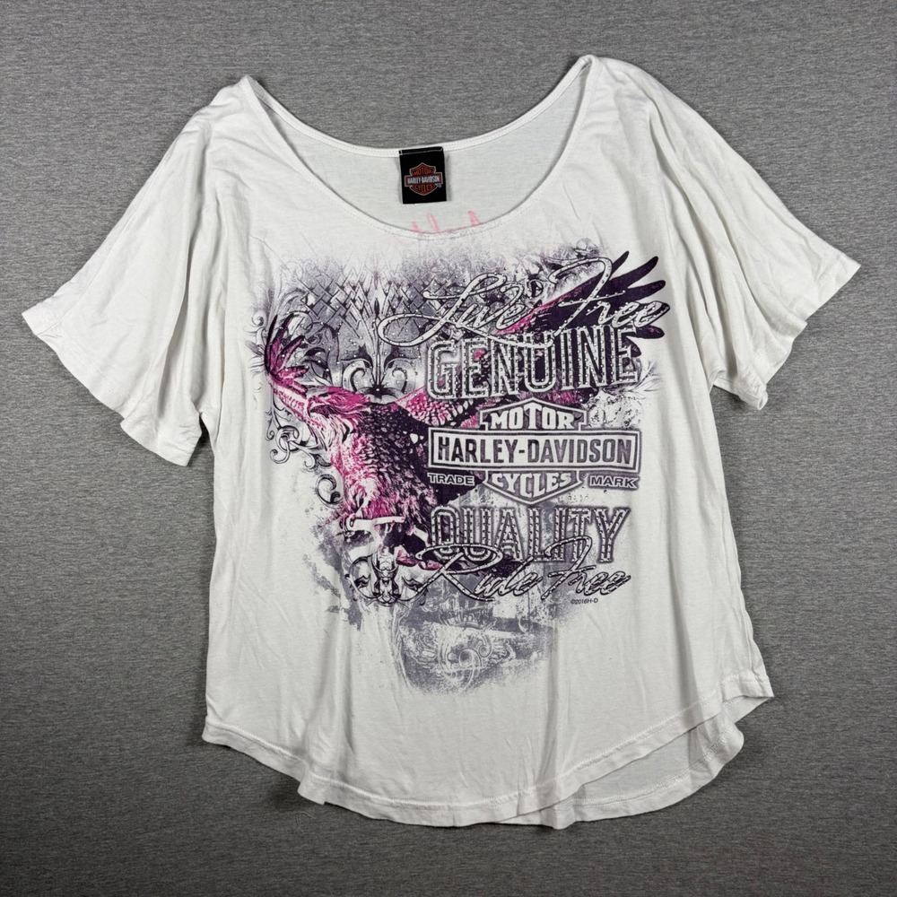 Y2K Harley-Davidson Graphic Tee XL White Biker Eagle Rhinestone
